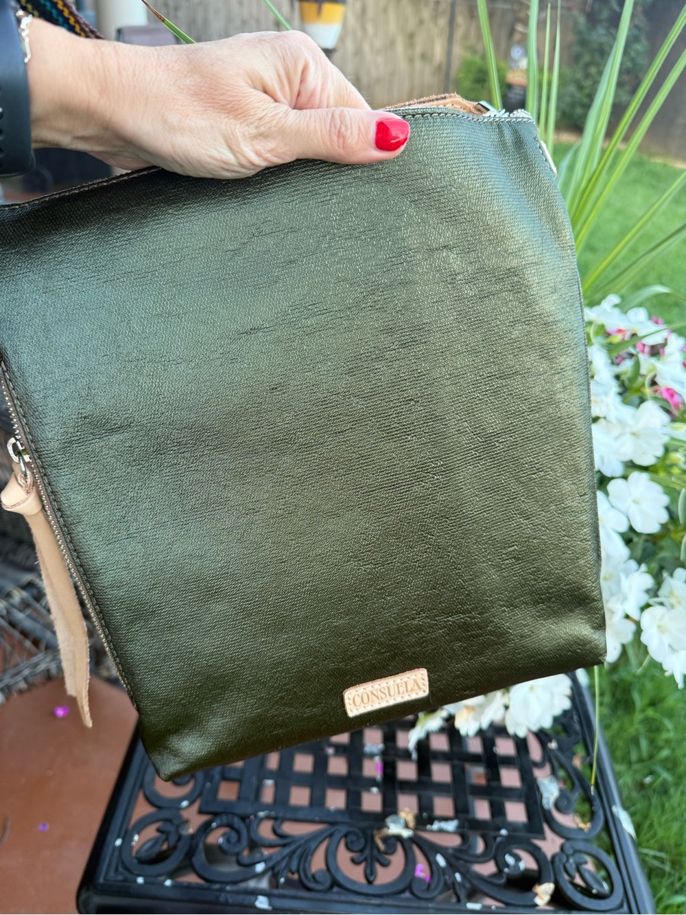 NWT Consuela Tour Crossbody Bag Olive Floral Embroidered Leather Trim - Picture 12 of 16